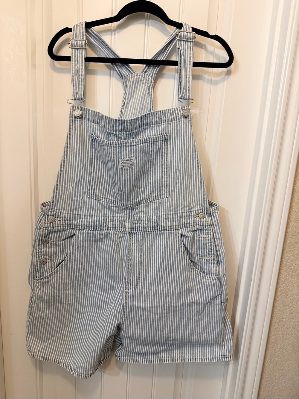 Levi's Blue and White Striped Denim Short Overalls